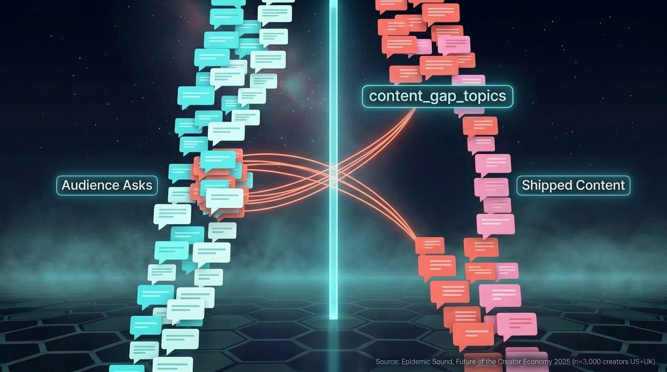 Two parallel vertical comment streams in navy with coral threads bridging from one stream to an empty zone in the other, the empty zone tagged with a glowing cyan label "content_gap_topics", soft volumetric haze around the streams