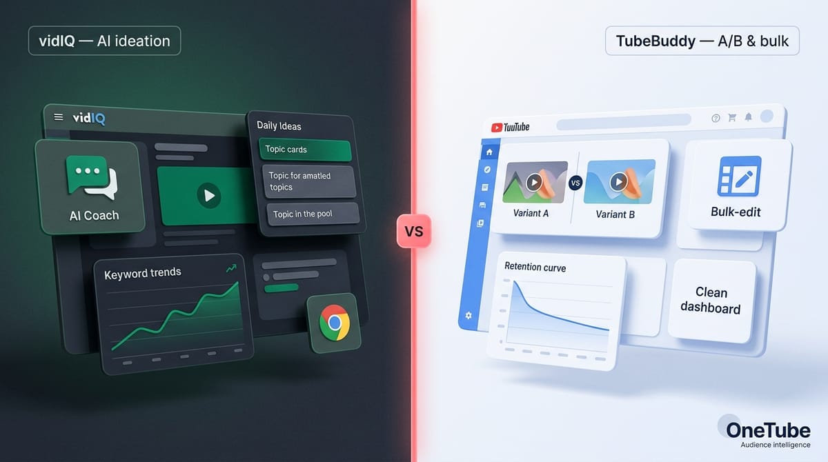 Hero illustration for vidIQ vs TubeBuddy in 2026: Honest Comparison + Where Both Miss the Mark